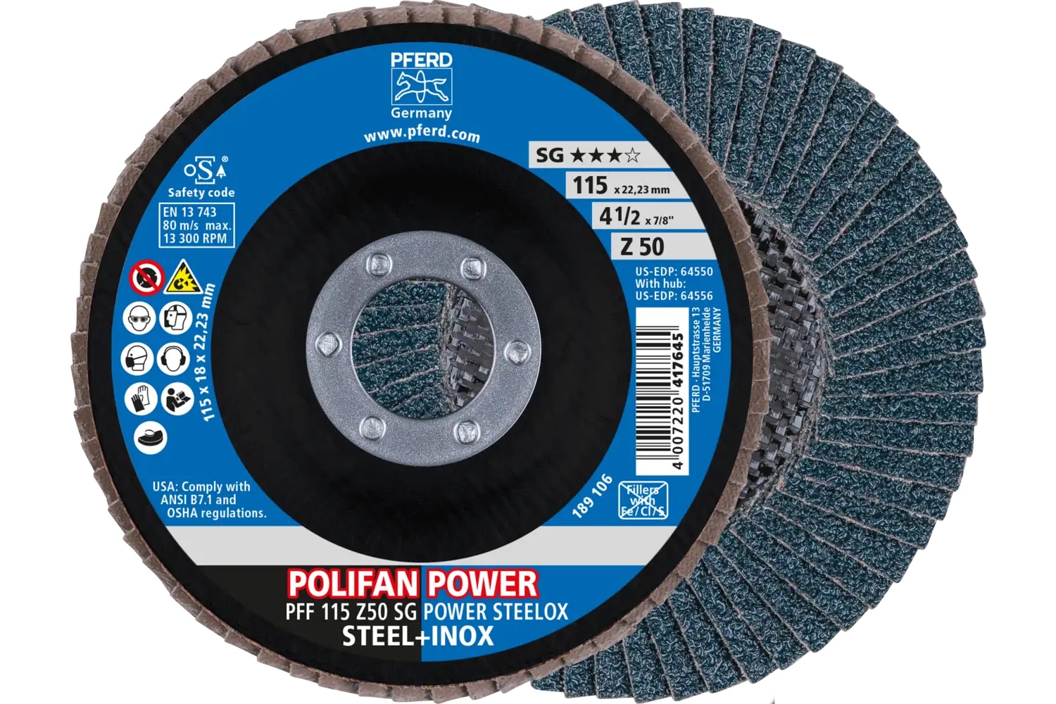 Picture of Pferd Flap Disc, 4-1/2" x 7/8, Z SG Power Steelox, 50 Grit, T27, Flat, Zirconia